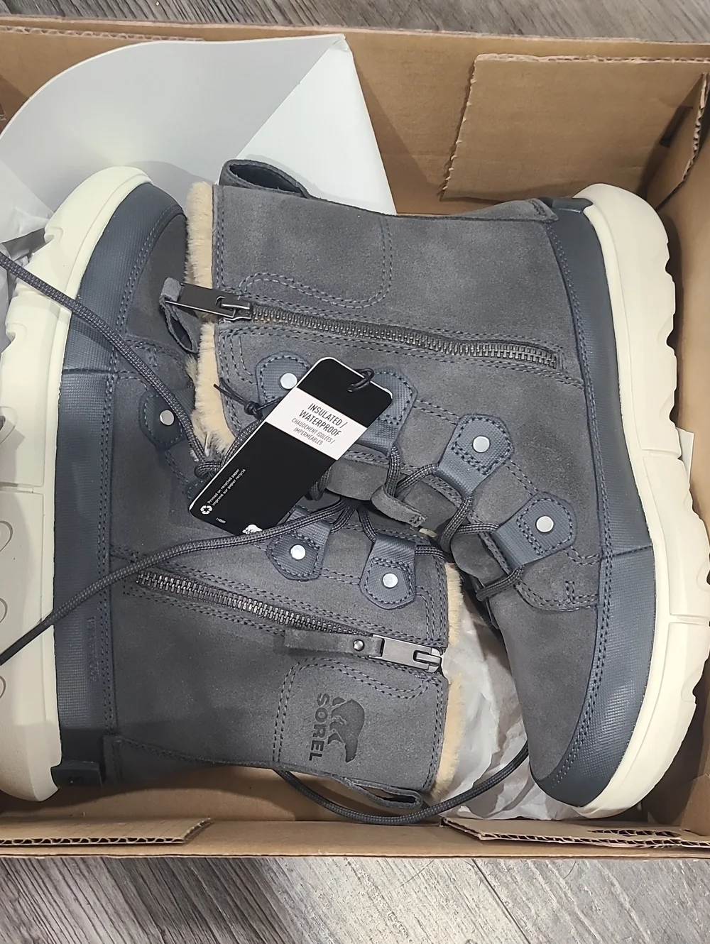 Sorel Explorer Joan Dual Zip Faux Fur Boots, Grey Grill/Fawn Suede